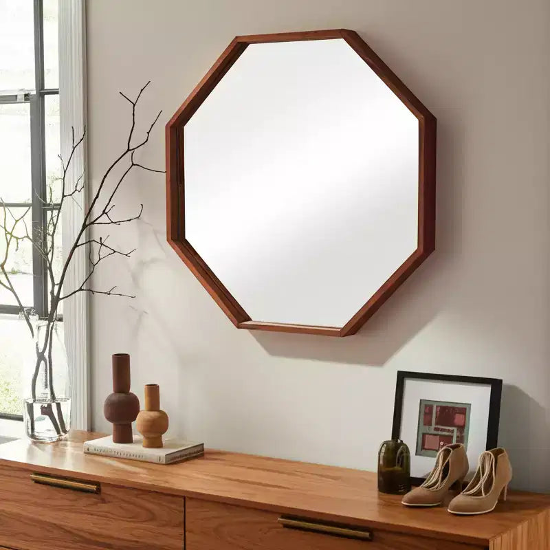 Specchio da parete con cornice in legno moderna - Ottagonale da 30 cm - Decorazione per casa, ufficio, camera da letto o soggiorno