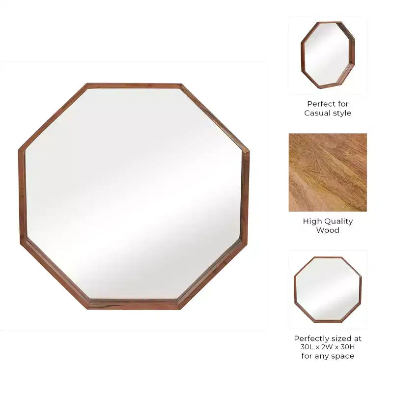 Specchio da parete con cornice in legno moderna - Ottagonale da 30 cm - Decorazione per casa, ufficio, camera da letto o soggiorno