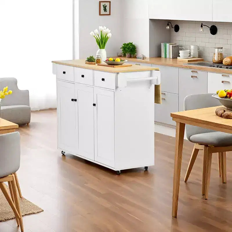 Carrello da cucina mobile con anta a ribalta pieghevole, mobile da cucina su ruote largo 115 cm, tavolo da preparazione salvaspazio su ruote, bianco