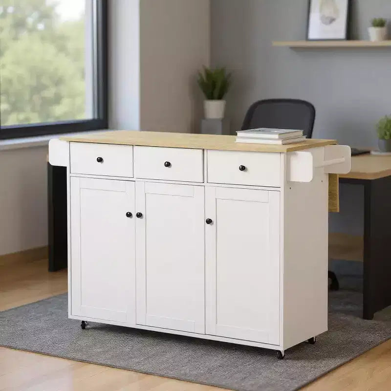Carrello da cucina mobile con anta a ribalta pieghevole, mobile da cucina su ruote largo 115 cm, tavolo da preparazione salvaspazio su ruote, bianco