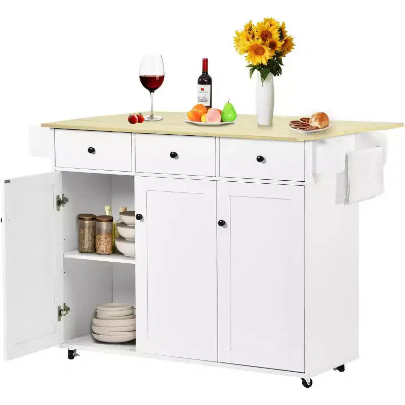 Carrello da cucina mobile con anta a ribalta pieghevole, mobile da cucina su ruote largo 115 cm, tavolo da preparazione salvaspazio su ruote, bianco
