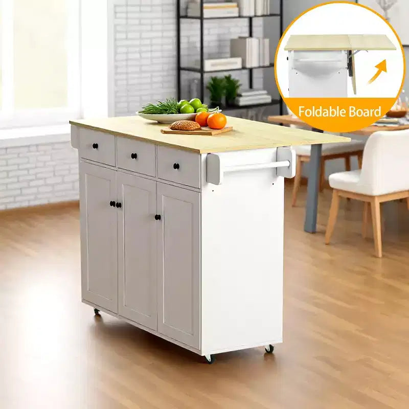 Carrello da cucina mobile con anta a ribalta pieghevole, mobile da cucina su ruote largo 115 cm, tavolo da preparazione salvaspazio su ruote, bianco