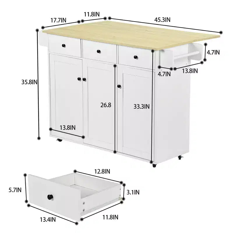 Carrello da cucina mobile con anta a ribalta pieghevole, mobile da cucina su ruote largo 115 cm, tavolo da preparazione salvaspazio su ruote, bianco