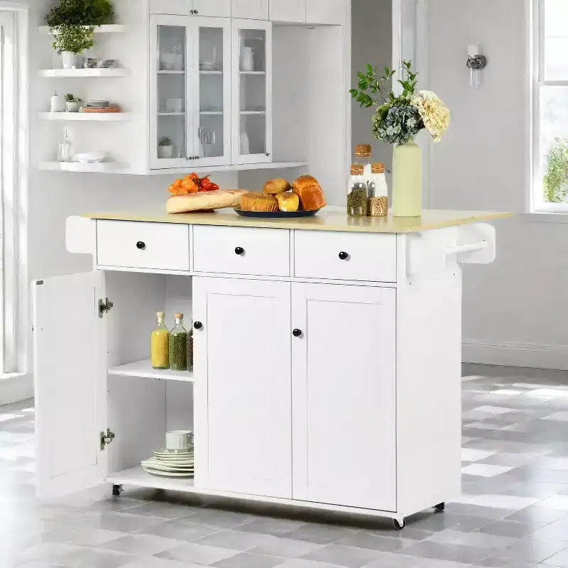 Carrello da cucina mobile con anta a ribalta pieghevole, mobile da cucina su ruote largo 115 cm, tavolo da preparazione salvaspazio su ruote, bianco
