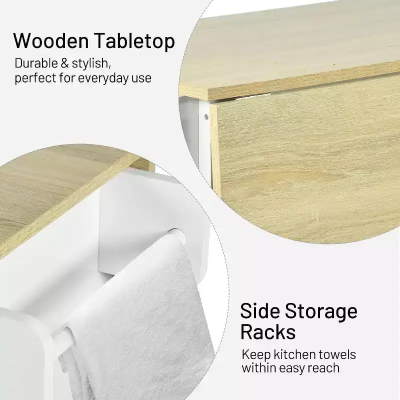 Carrello da cucina mobile con anta a ribalta pieghevole, mobile da cucina su ruote largo 115 cm, tavolo da preparazione salvaspazio su ruote, bianco