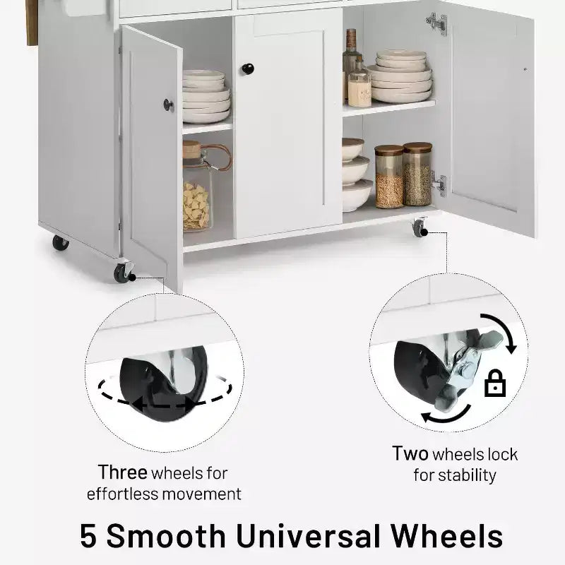 Carrello da cucina mobile con anta a ribalta pieghevole, mobile da cucina su ruote largo 115 cm, tavolo da preparazione salvaspazio su ruote, bianco