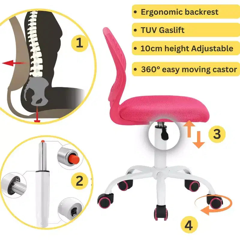 Sedia da scrivania FurnitureR senza braccioli, carina, ergonomica, piccola, girevole, regolabile, leggera, con ruote, rosa acceso