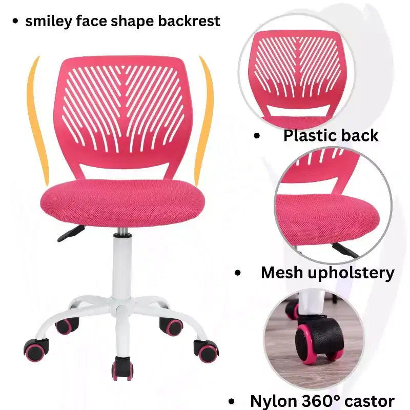 Sedia da scrivania FurnitureR senza braccioli, carina, ergonomica, piccola, girevole, regolabile, leggera, con ruote, rosa acceso