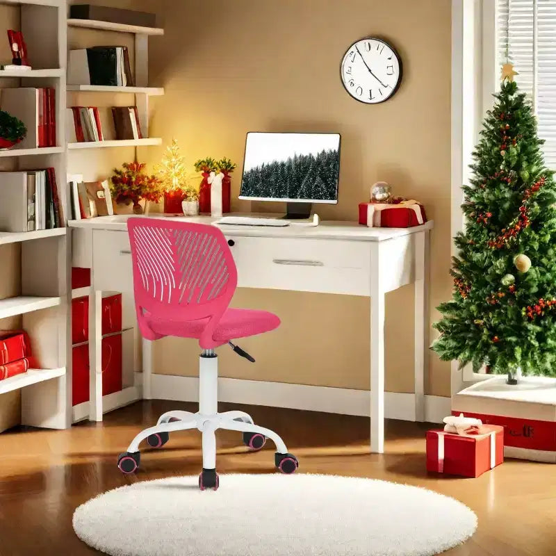 Sedia da scrivania FurnitureR senza braccioli, carina, ergonomica, piccola, girevole, regolabile, leggera, con ruote, rosa acceso