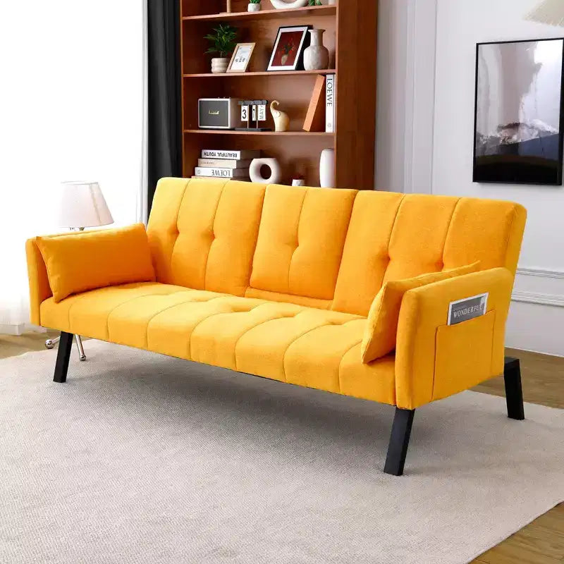 Divano Letto Multifunzionale in Cotone da 70 Pollici con Portabicchieri e Contenitore Laterale per Soggiorno e Camera da Letto, Giallo