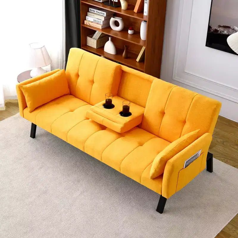 Divano Letto Multifunzionale in Cotone da 70 Pollici con Portabicchieri e Contenitore Laterale per Soggiorno e Camera da Letto, Giallo