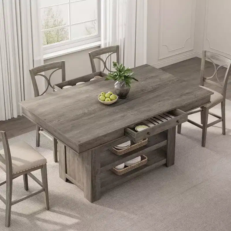 Isola da Cucina da 60 Pollici con Ripiani, Isola Fissa Stile Rustico a 4 Livelli con Ampio Piano di Lavoro per Cucina, Sala da Pranzo, Soggiorno