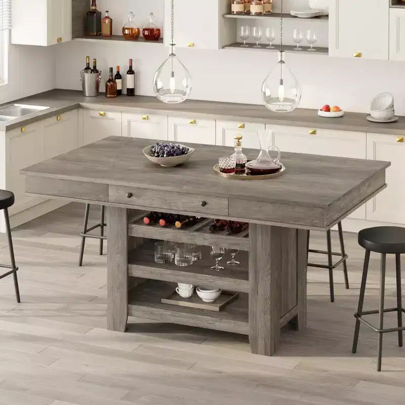 Isola da Cucina da 60 Pollici con Ripiani, Isola Fissa Stile Rustico a 4 Livelli con Ampio Piano di Lavoro per Cucina, Sala da Pranzo, Soggiorno