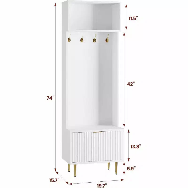 74 Modern Hall Tree con Panca e Contenitore, Organizzatore per Ingresso con 4 Ganci Dorati, Scarpiera per Soggiorno, Appendiabiti con Gambe in Metallo