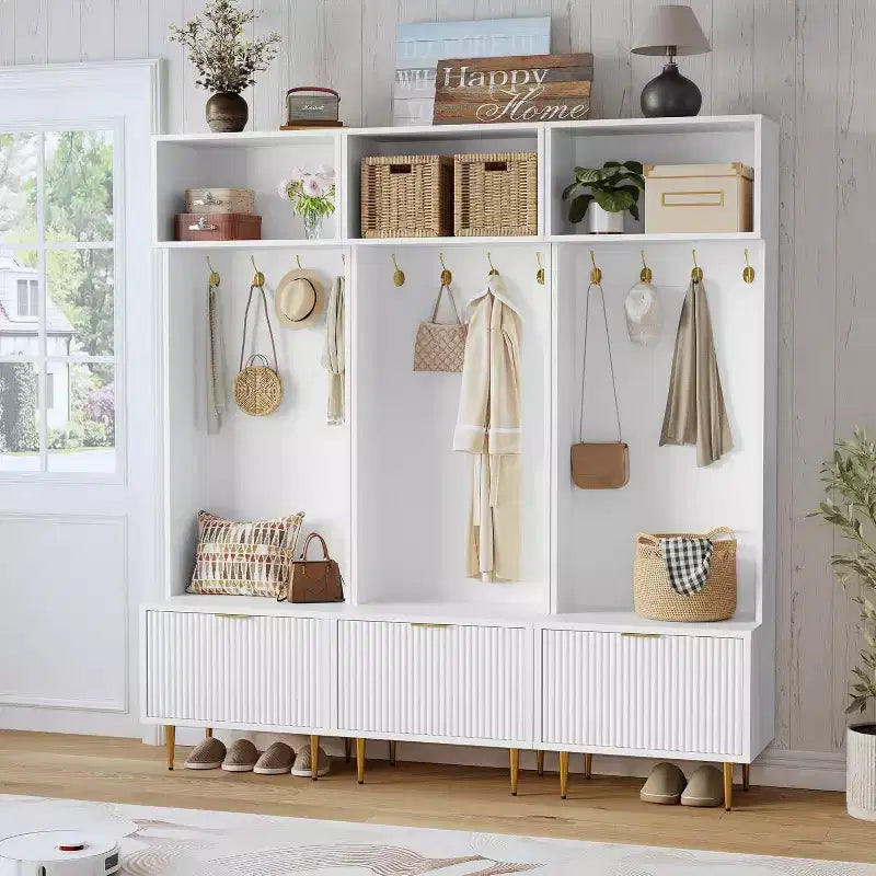 74 Modern Hall Tree con Panca e Contenitore, Organizzatore per Ingresso con 4 Ganci Dorati, Scarpiera per Soggiorno, Appendiabiti con Gambe in Metallo