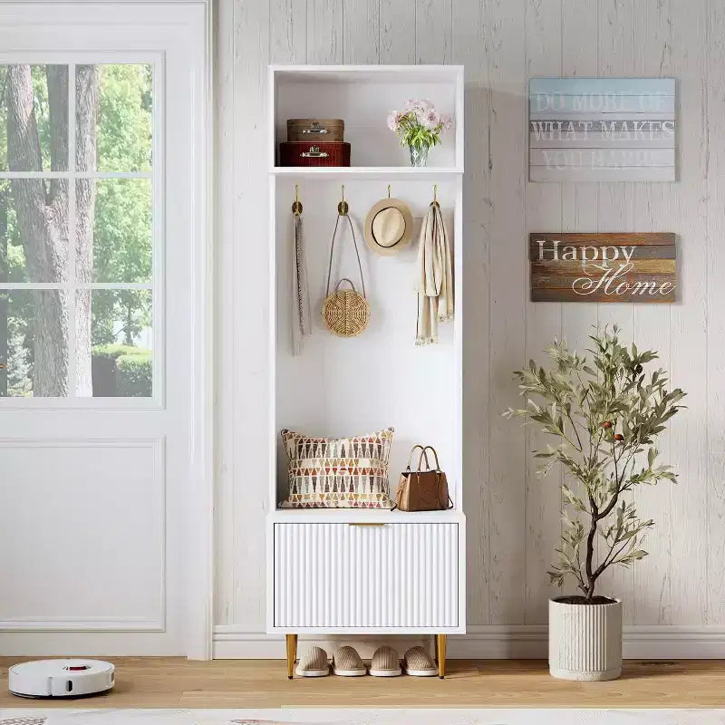 74 Modern Hall Tree con Panca e Contenitore, Organizzatore per Ingresso con 4 Ganci Dorati, Scarpiera per Soggiorno, Appendiabiti con Gambe in Metallo