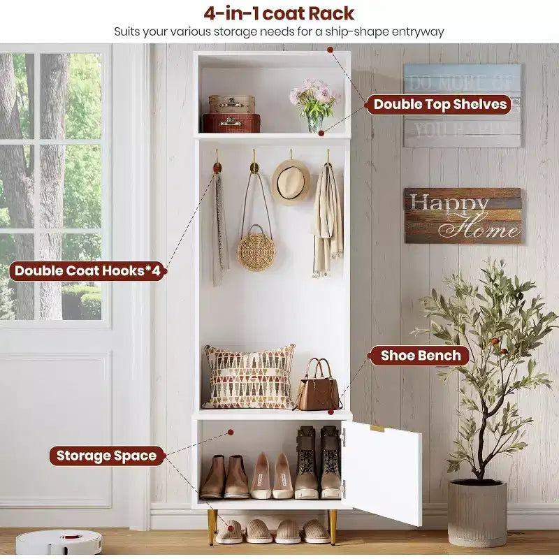74 Modern Hall Tree con Panca e Contenitore, Organizzatore per Ingresso con 4 Ganci Dorati, Scarpiera per Soggiorno, Appendiabiti con Gambe in Metallo
