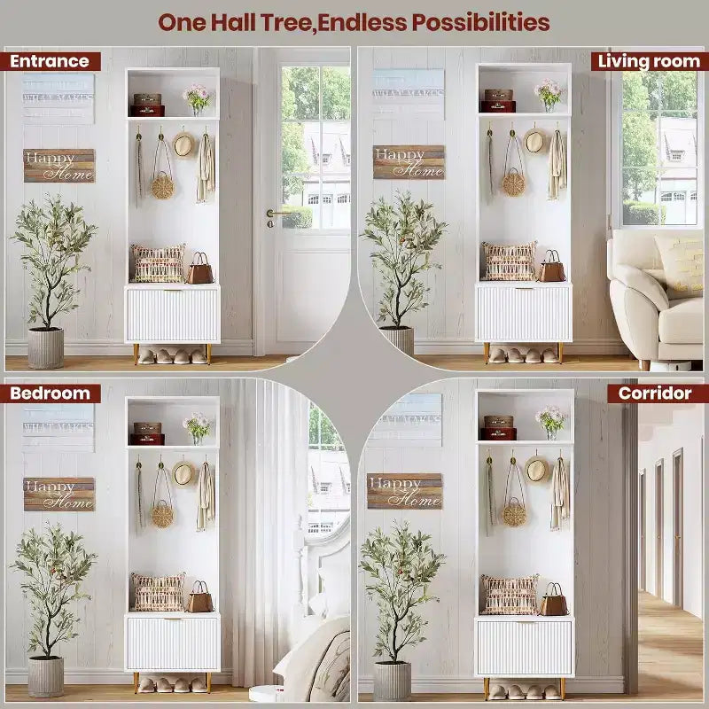 74 Modern Hall Tree con Panca e Contenitore, Organizzatore per Ingresso con 4 Ganci Dorati, Scarpiera per Soggiorno, Appendiabiti con Gambe in Metallo