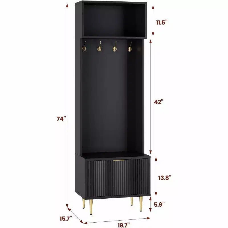 74 Modern Hall Tree con Panca e Contenitore, Organizzatore per Ingresso con 4 Ganci Dorati, Scarpiera per Soggiorno, Appendiabiti con Gambe in Metallo