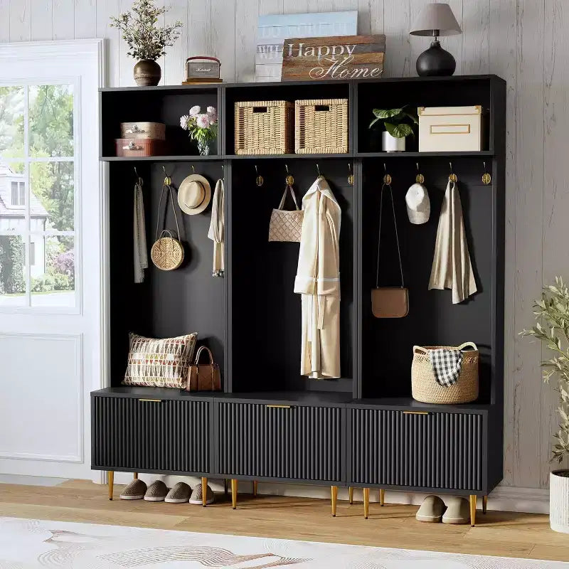 74 Modern Hall Tree con Panca e Contenitore, Organizzatore per Ingresso con 4 Ganci Dorati, Scarpiera per Soggiorno, Appendiabiti con Gambe in Metallo