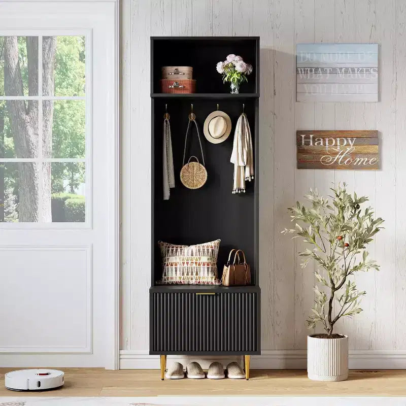 74 Modern Hall Tree con Panca e Contenitore, Organizzatore per Ingresso con 4 Ganci Dorati, Scarpiera per Soggiorno, Appendiabiti con Gambe in Metallo