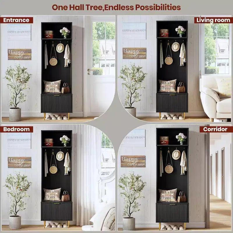 74 Modern Hall Tree con Panca e Contenitore, Organizzatore per Ingresso con 4 Ganci Dorati, Scarpiera per Soggiorno, Appendiabiti con Gambe in Metallo