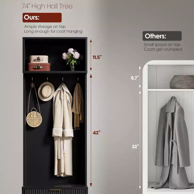 74 Modern Hall Tree con Panca e Contenitore, Organizzatore per Ingresso con 4 Ganci Dorati, Scarpiera per Soggiorno, Appendiabiti con Gambe in Metallo