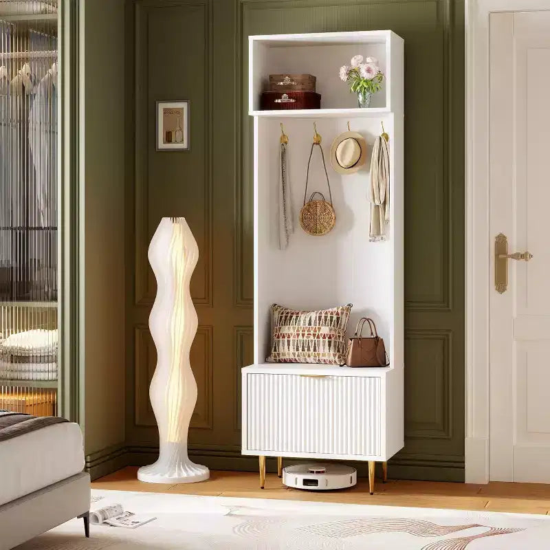 74 Modern Hall Tree con Panca e Contenitore, Organizzatore per Ingresso con 4 Ganci Dorati, Scarpiera per Soggiorno, Appendiabiti con Gambe in Metallo
