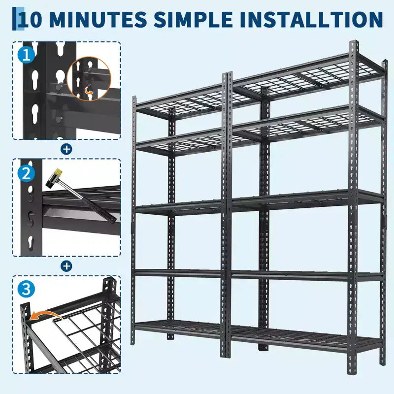 Scaffali per carichi pesanti, Unità scaffalatura in metallo regolabile a 5 ripiani, Montaggio senza bulloni, Grande capacità per garage, cantina, dispensa