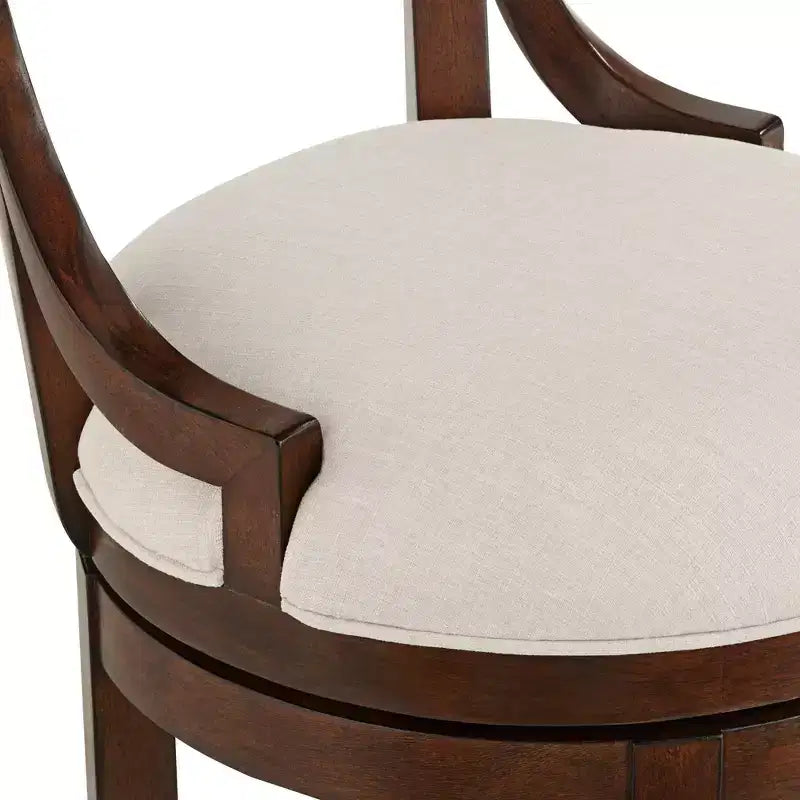 Sgabello da bar Lev in legno di noce marrone da 24 pollici, rustico da fattoria, cuscino in lino beige con schienale e poggiapiedi per isola da cucina a casa