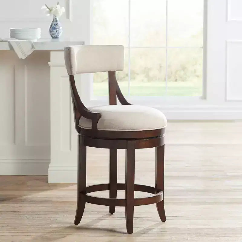 Sgabello da bar Lev in legno di noce marrone da 24 pollici, rustico da fattoria, cuscino in lino beige con schienale e poggiapiedi per isola da cucina a casa
