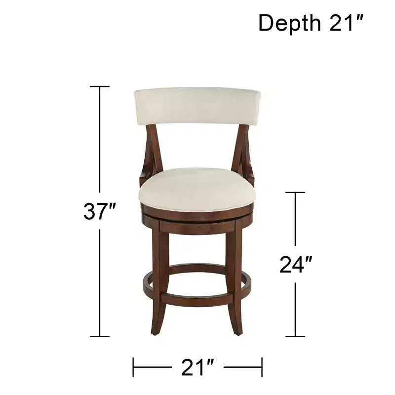 Sgabello da bar Lev in legno di noce marrone da 24 pollici, rustico da fattoria, cuscino in lino beige con schienale e poggiapiedi per isola da cucina a casa