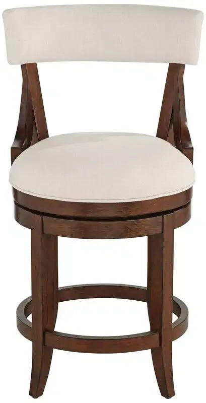 Sgabello da bar Lev in legno di noce marrone da 24 pollici, rustico da fattoria, cuscino in lino beige con schienale e poggiapiedi per isola da cucina a casa