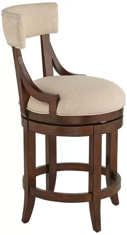 Sgabello da bar Lev in legno di noce marrone da 24 pollici, rustico da fattoria, cuscino in lino beige con schienale e poggiapiedi per isola da cucina a casa