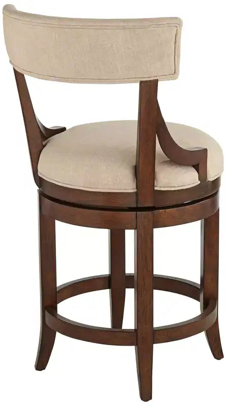 Sgabello da bar Lev in legno di noce marrone da 24 pollici, rustico da fattoria, cuscino in lino beige con schienale e poggiapiedi per isola da cucina a casa