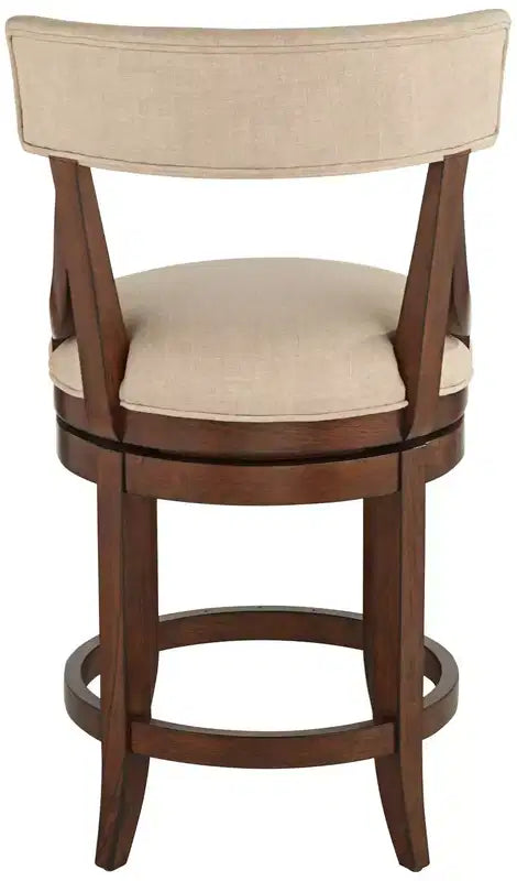 Sgabello da bar Lev in legno di noce marrone da 24 pollici, rustico da fattoria, cuscino in lino beige con schienale e poggiapiedi per isola da cucina a casa