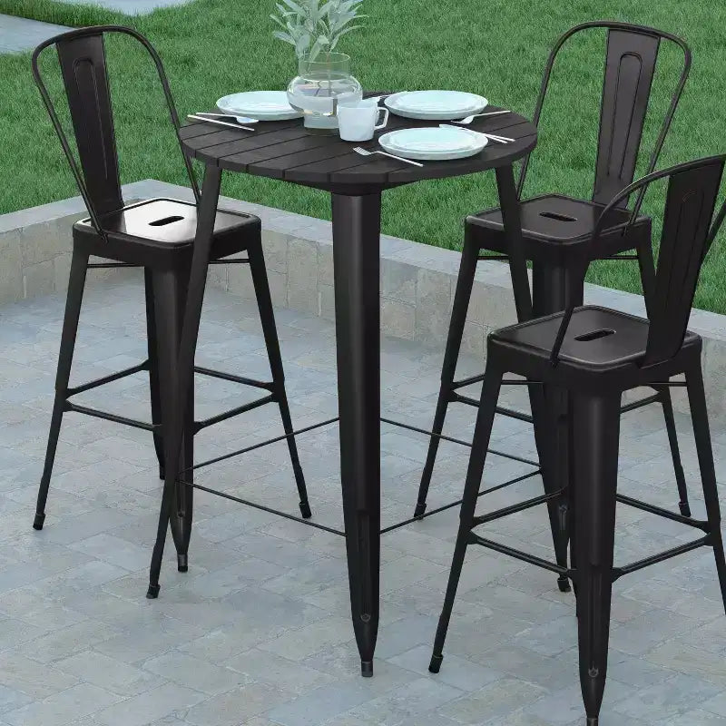 Tavolo Bar Alto per Interno/Esterno, Piano Tondo da 30" in Resina Polimerica per Tutte le Stagioni con Base in Acciaio