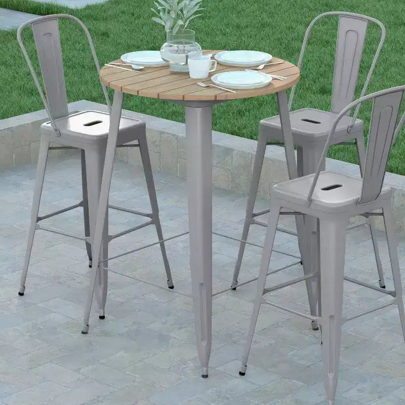 Tavolo Bar Alto per Interno/Esterno, Piano Tondo da 30" in Resina Polimerica per Tutte le Stagioni con Base in Acciaio
