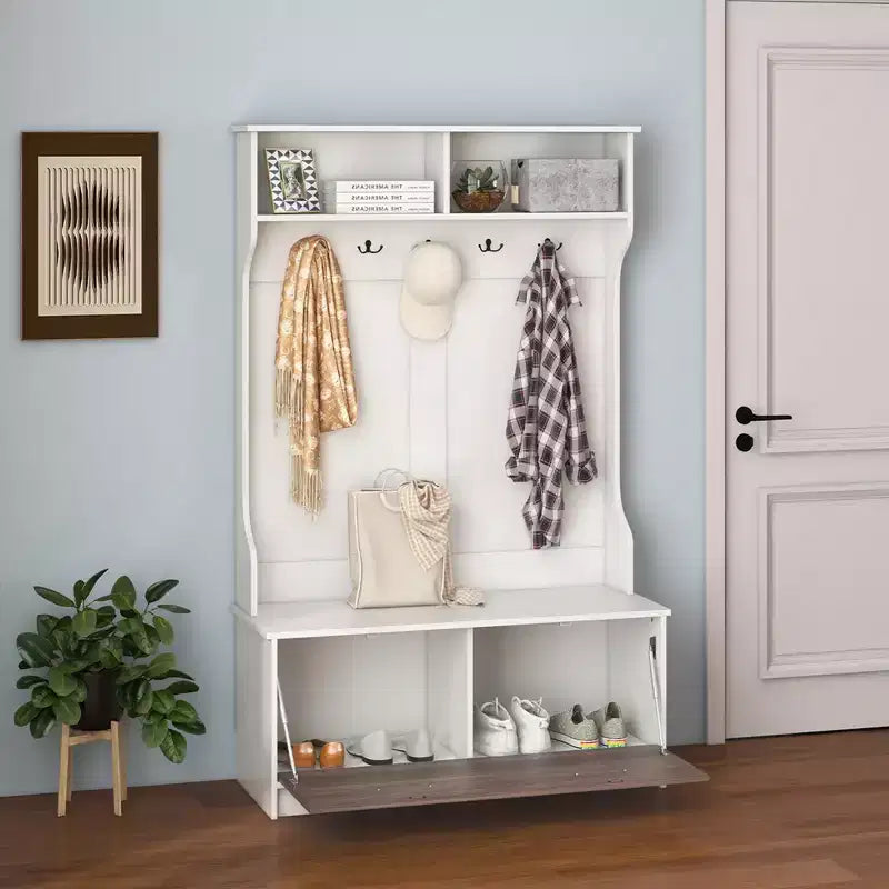 Appendiabiti da ingresso da 160 cm con appendiabiti e panca contenitore, appendiabiti multifunzionale, nero/bianco