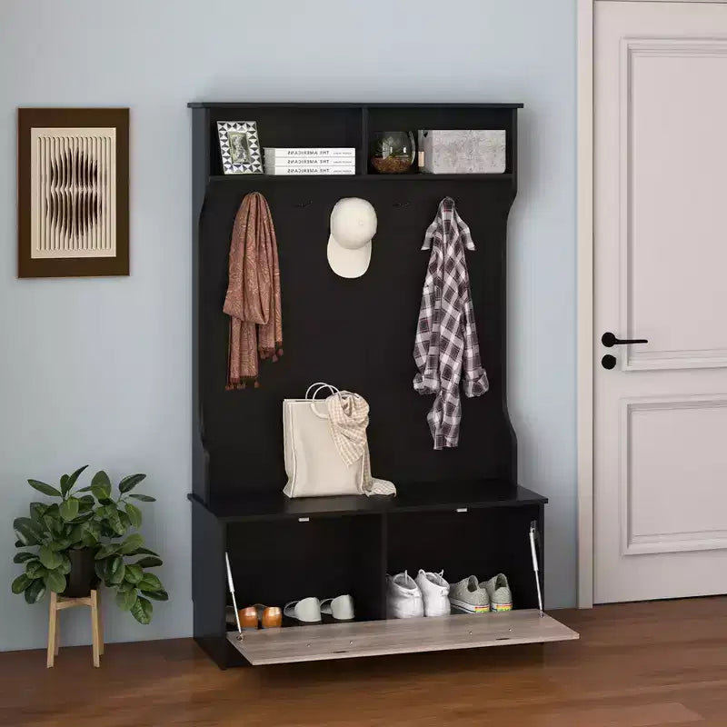 Appendiabiti da ingresso da 160 cm con appendiabiti e panca contenitore, appendiabiti multifunzionale, nero/bianco